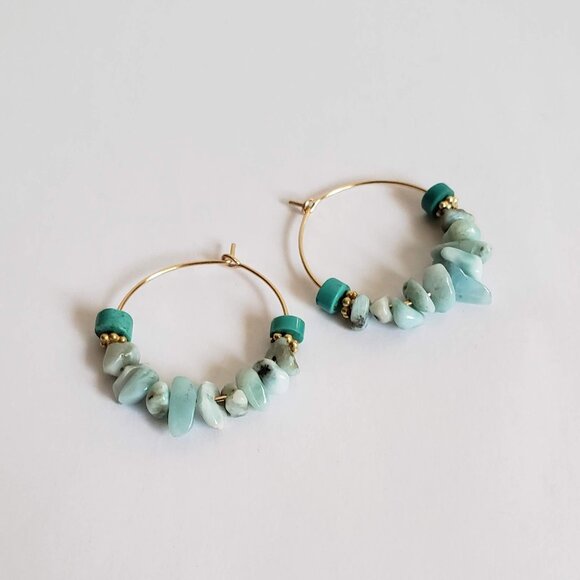 Natural LARIMAR & TURQUOISE 14k Gold Filled Hoop Earring Rustic Raw Artisan made - Picture 5 of 7